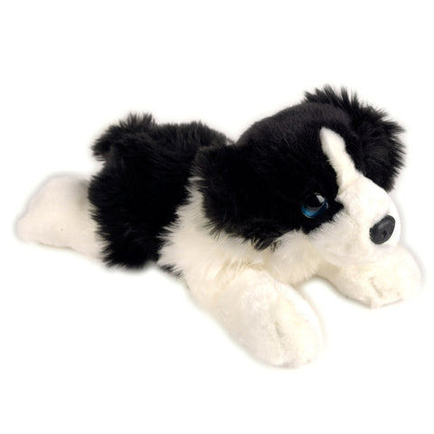 Furry black and white collie plush toy design.