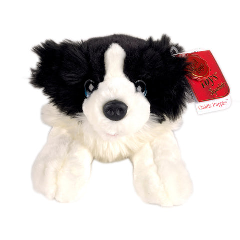 Furry black and white collie plush toy design and a red detachable label.