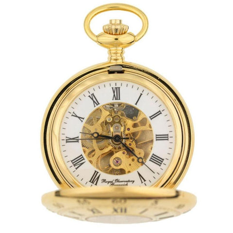 Gold finish pocket watch with white face and visible mechanism.