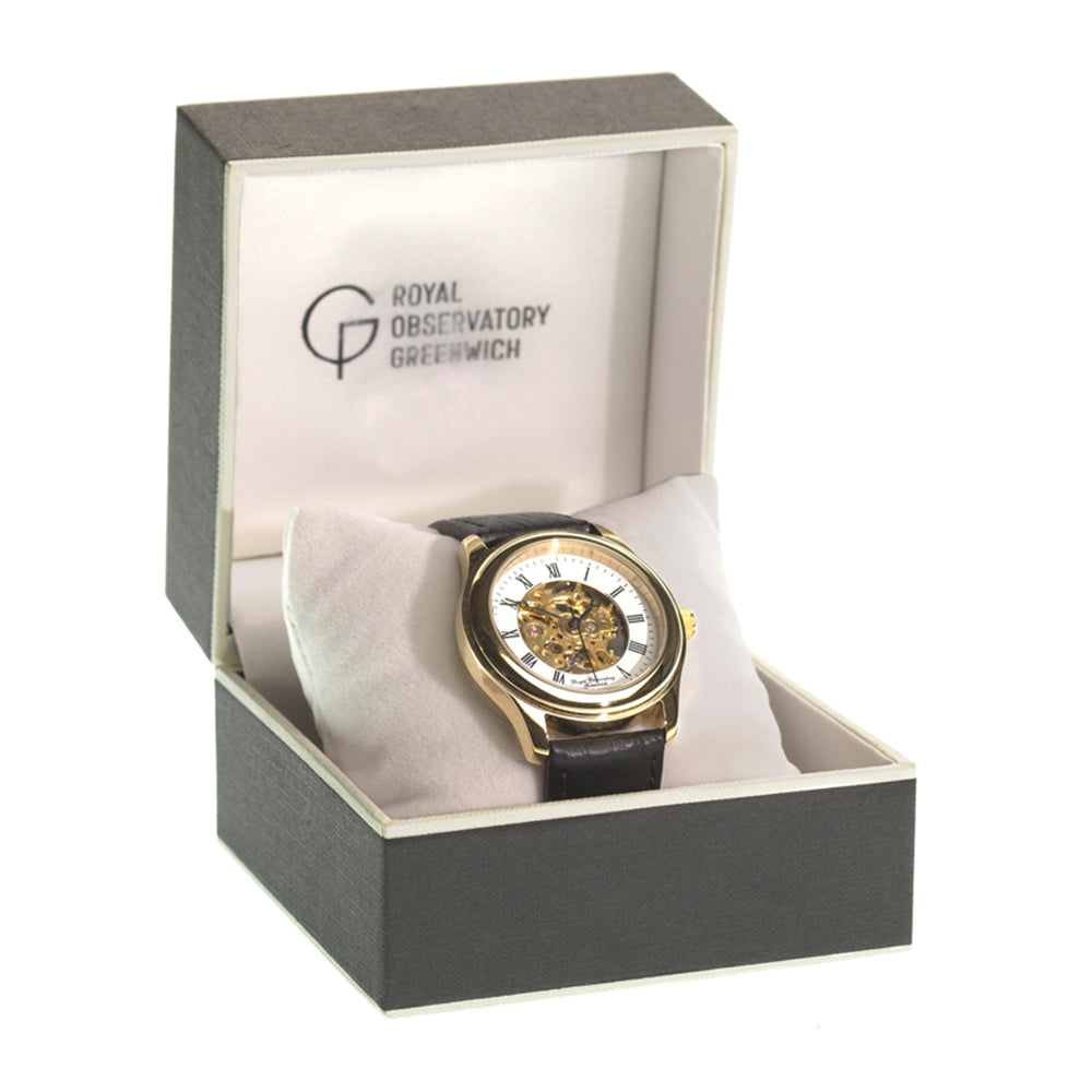 Royal Observatory Greenwich Gold Circular Skeleton Watch with Black Strap - 