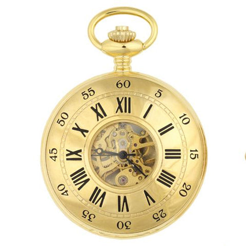 Gold finish pocket watch face with roman numerals and numbers.