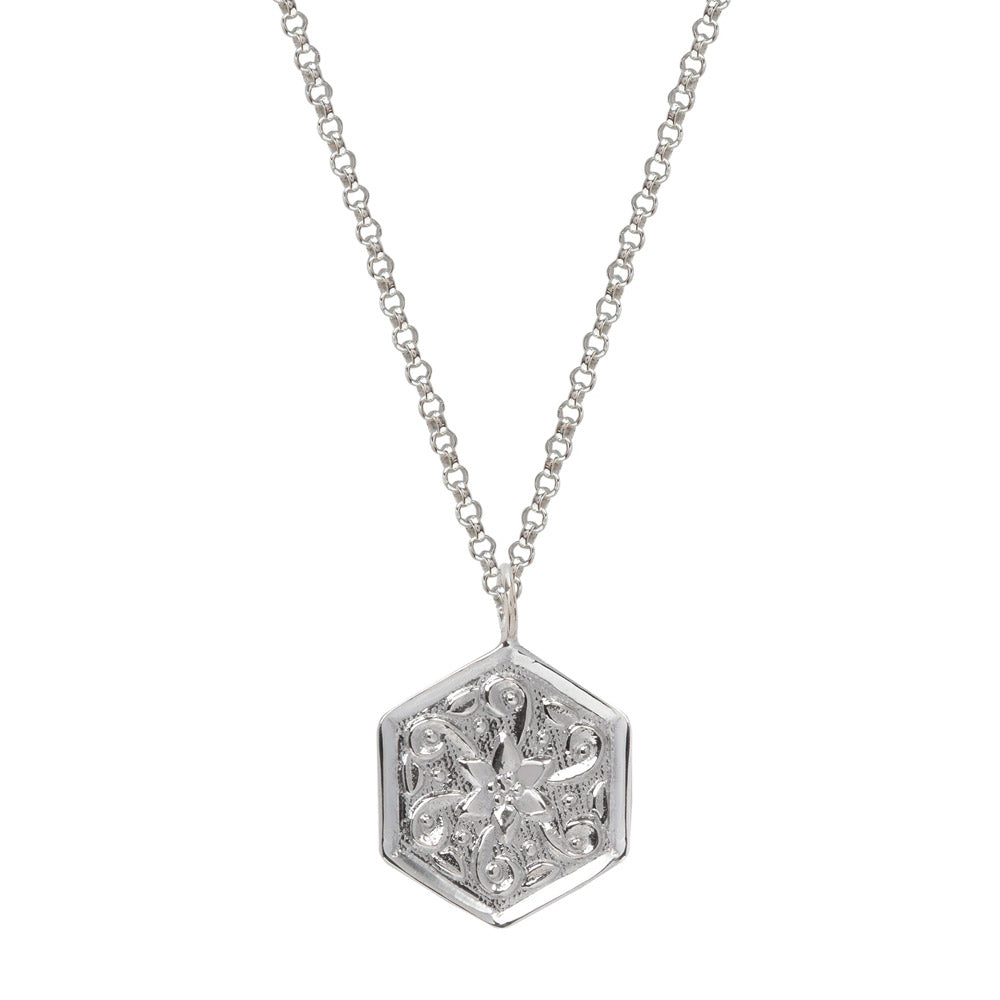 Sterling Silver Hexagon Flower Necklace - 
