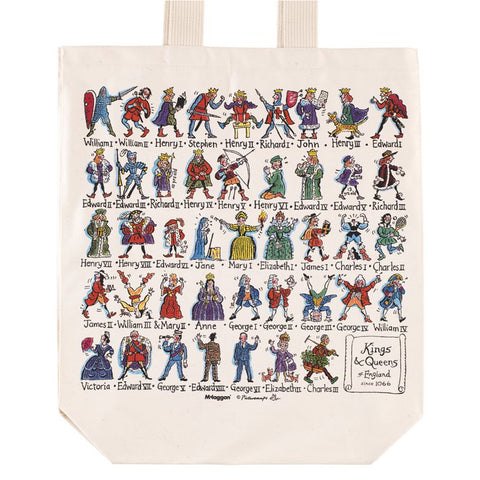 Natural cotton tote bag with screenprinted colourful illustrations of Kings and Queens.