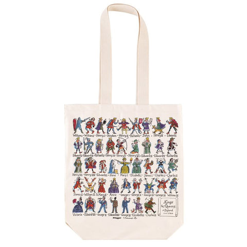 Natural cotton tote bag with screenprinted colourful illustrations of Kings and Queens and a long handle.