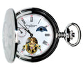 Chrome pocket watch with open cover, white face and black hands.