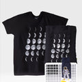 Black moon phase t-shirt, black moon phase tote bag and multicoloured astronaut design socks.