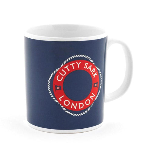 White mug with blue and red Cutty Sark life ring design.