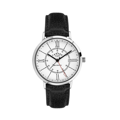 Silver watch with white face and black leather strap.