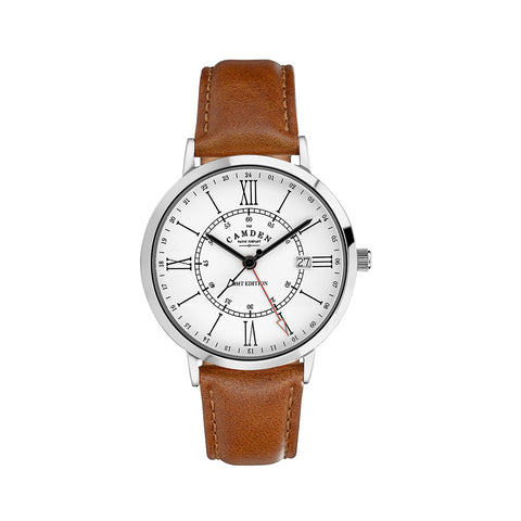 Steel watch with a black and white face and tan leather strap.