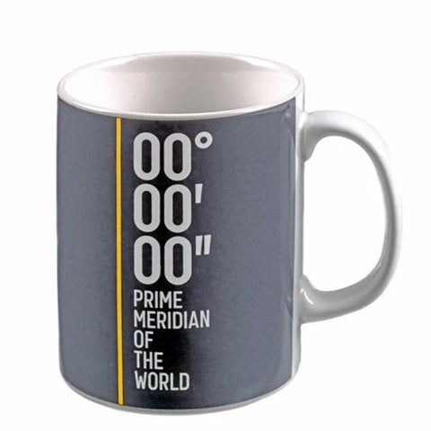 White mug with black, white and yellow Prime Meridian design.