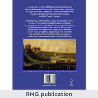 Blue back cover of The Queen's House Souvenir Guide with white text and 1690 oil painting of The Queen's House and surrounding Greenwich Park  from the collection 