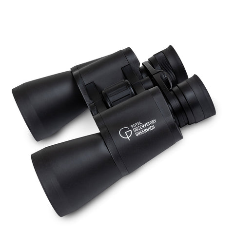 Black binoculars with a white Royal Observatory Greenwich logo.