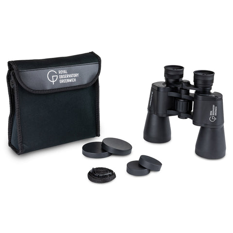 Binoculars with accessories and a bag featuring a white Royal Observatory Greenwich logo.