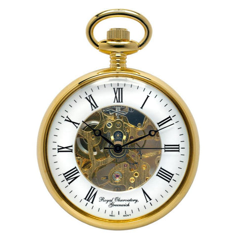 Gold skeleton pocket watch face.