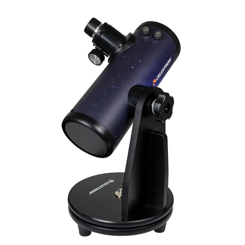 Black tabletop telescope on stand featuring Celestron logo.