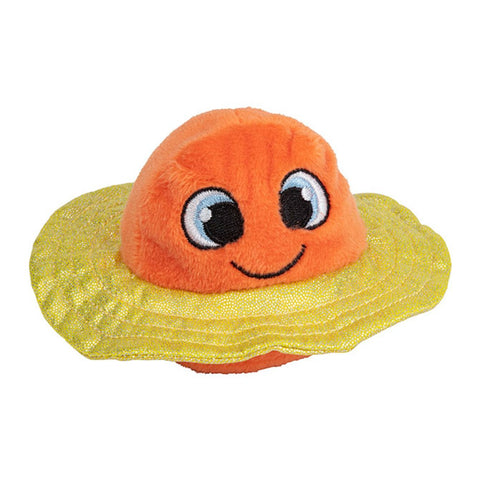 Orange plush toy planet Saturn with a smiley embroidered face and glittery gold fabric rings.