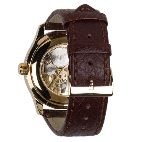 Skeleton Gold Plate Brown Strap Watch back