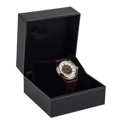 Skeleton Gold Plate Brown Strap Watch in box