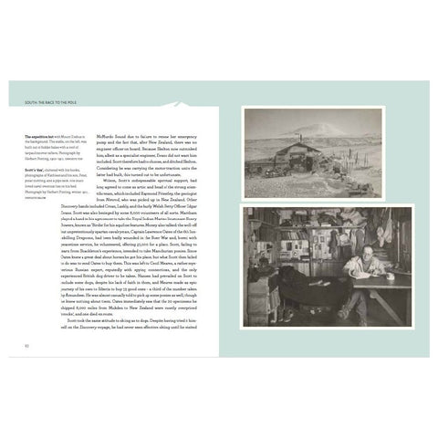 Pages from South: The Race to the Pole, featuring photographs of the exploration hut.