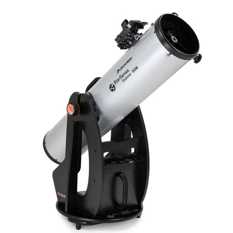 Silver telescope on black mount.