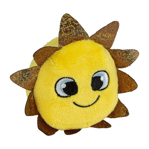 Yellow plush toy sun with a smiley embroidered face and glittery gold fabric rays.