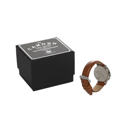 Watch with a black and white Camden Watch Company box.