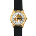 Gold-plated skeleton watch with black leather strap.