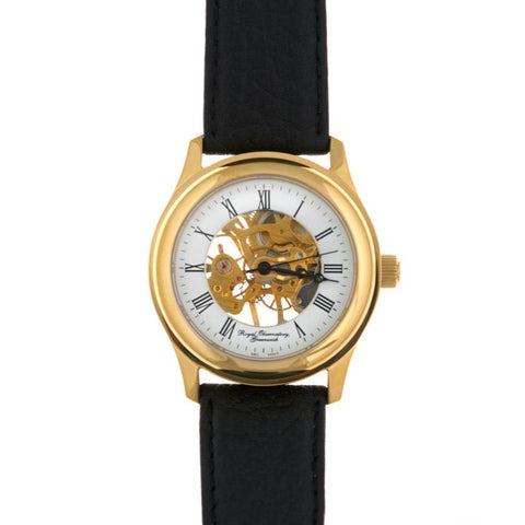 Gold-plated skeleton watch with black leather strap.