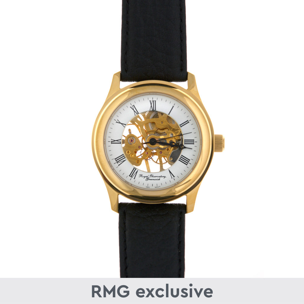 Royal Observatory Greenwich Gold Circular Skeleton Watch with Black Strap - 
