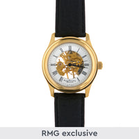 Gold plated skeleton watch with black leather strap