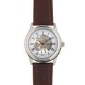 Chrome skeleton watch with brown leather strap.