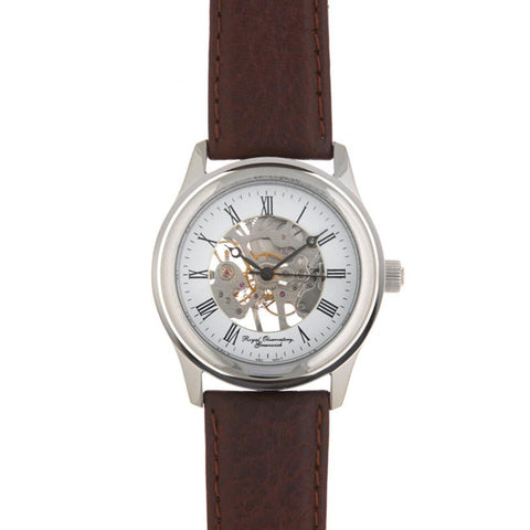 Chrome Skeleton Watch with Brown leather strap