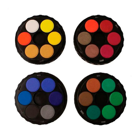 Colourful paints in four circular black containers.