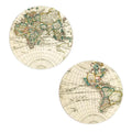 Two round coasters featuring world maps.