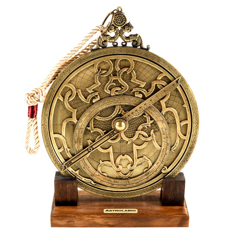 Brass and rope astrolabe on a wooden stand.