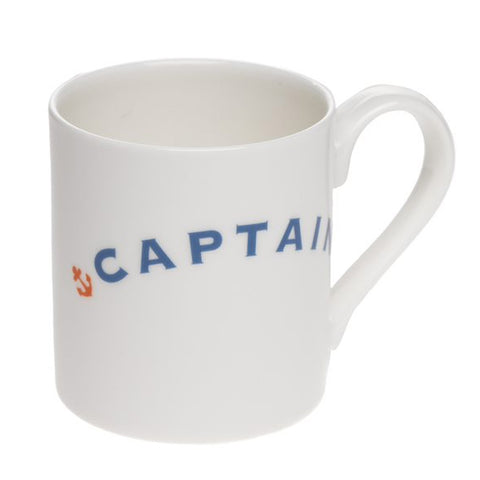 White mug with blue 'Captain' writing.