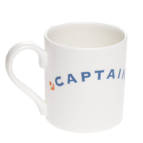 White mug with blue 'Captain' writing.