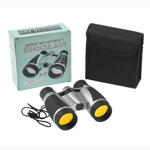 Silver and black binoculars with black carry case and box.