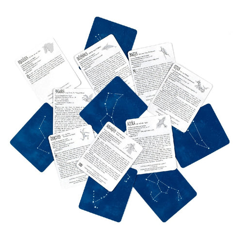 A pile of constellation knowledge cards with illustrations and information.