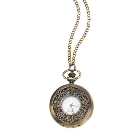 Mini engraved brass pocket watch on a chain.