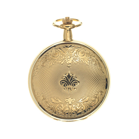 Engraved pattern on back lid of gold pocket watch.