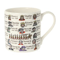 White mug with illustrations of kings and queens.