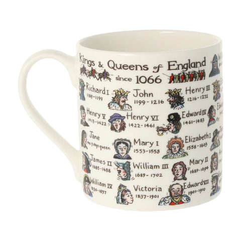 White mug with illustrations of kings and queens.