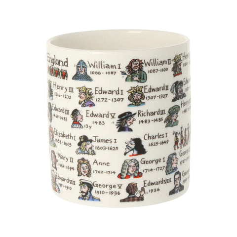 Side view of white mug with illustrations of kings and queens.