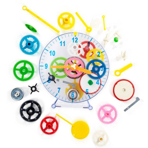 Colourful clock parts including cogs and hands.