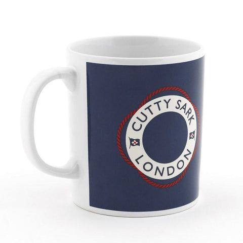 White mug with blue and red Cutty Sark life ring design.