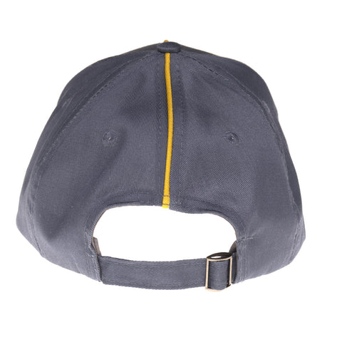 Back of a grey cap with yellow Prime Meridian design and adjustable strap.