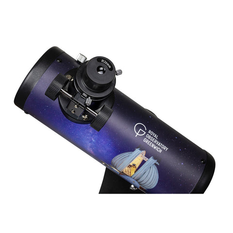 Black tabletop telescope featuring a Royal Observatory Greenwich logo and image.