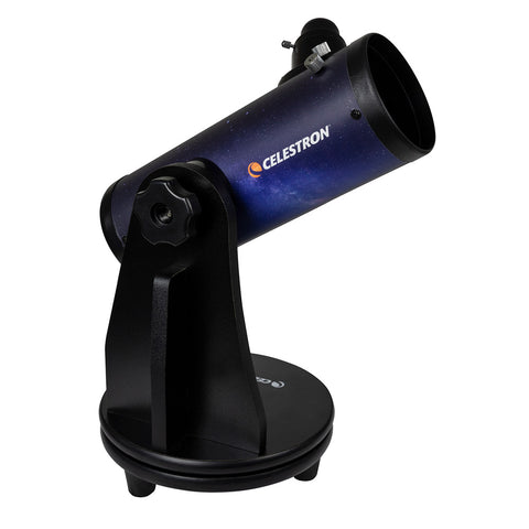 Black tabletop telescope on stand featuring Celestron logo.