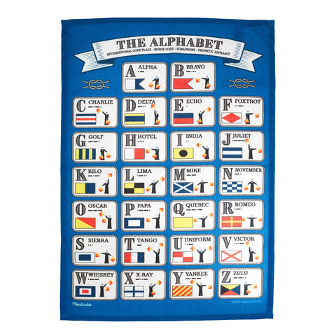 Blue tea towel featuring an illustrated alphabet in different codes.